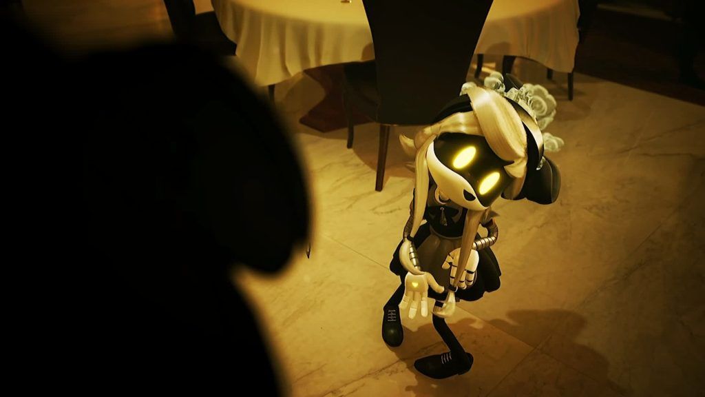 Cyn standing shyly in a dining room, looking up at someone off-screen