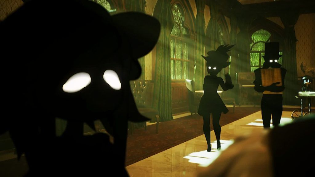 Louisa and guests Silhouetted figures with glowing eyes stand in a sunlit Victorian room in Murder Drones.