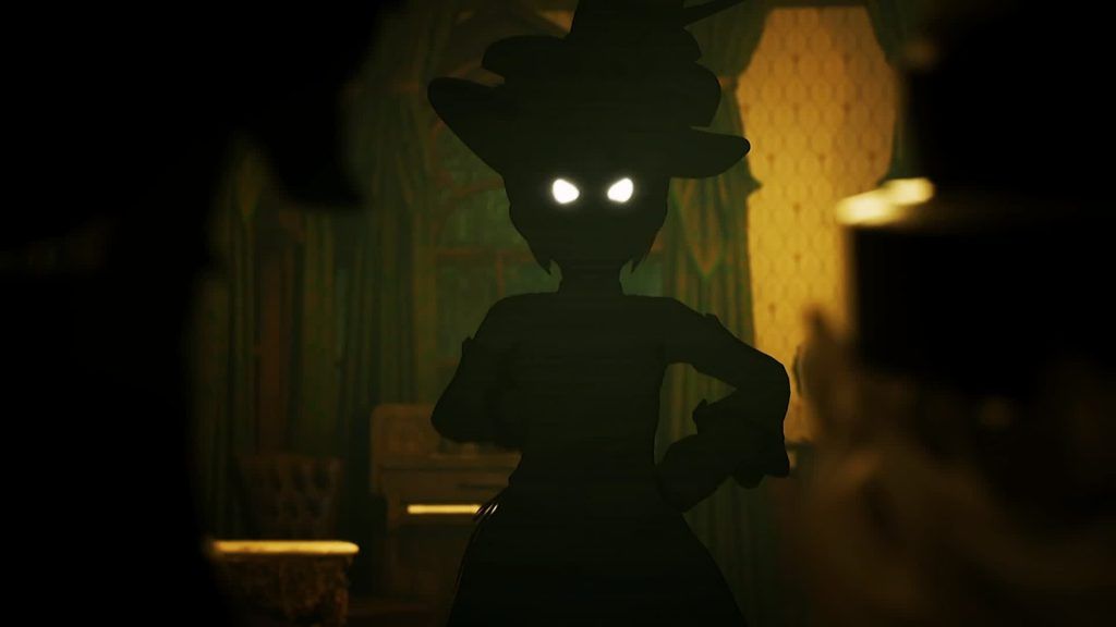 Louisa silhouette Louisa stands in a dimly lit room with glowing eyes and a large hat in Murder Drones.