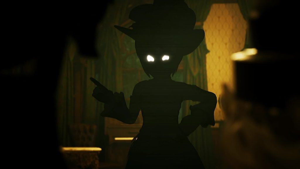 Louisa pointing Louisa points her finger confidently with glowing eyes in a shadowy room in Murder Drones.