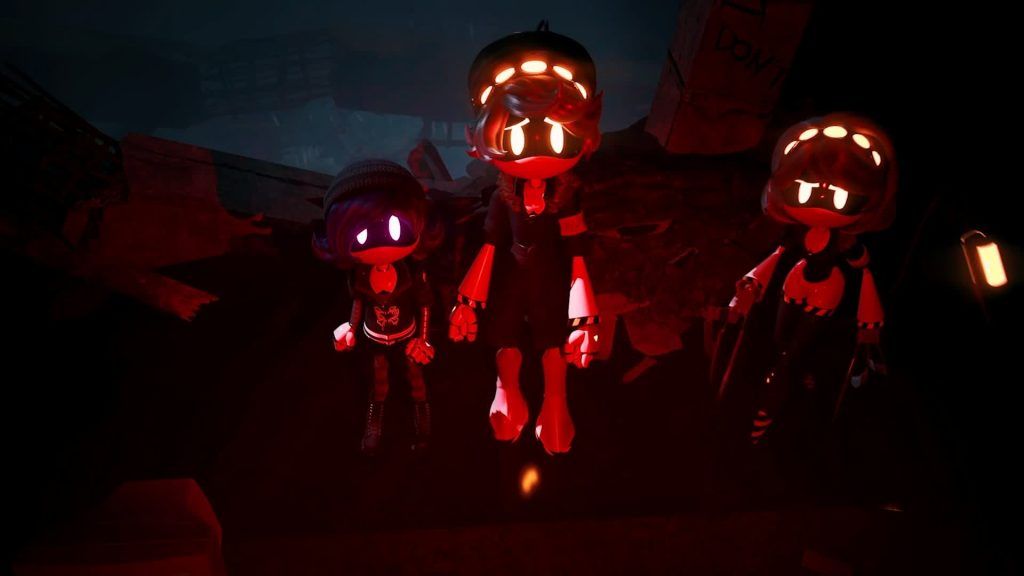 N with Uzi and V N stands beside Uzi and V under a red glow in a dark area in Murder Drones.