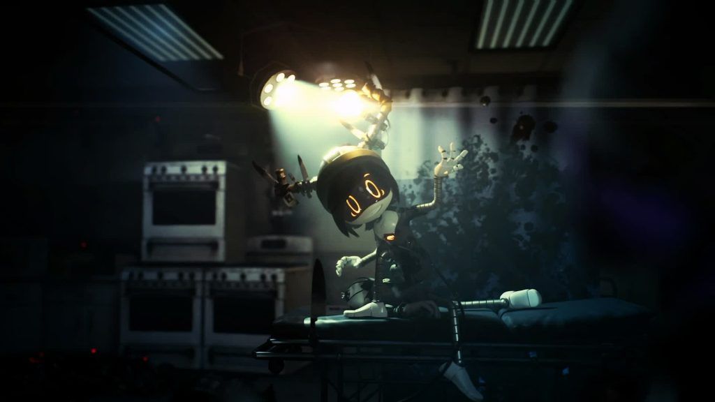 Alice lying on an operating table under a spotlight as dark liquid spreads on the wall behind her
