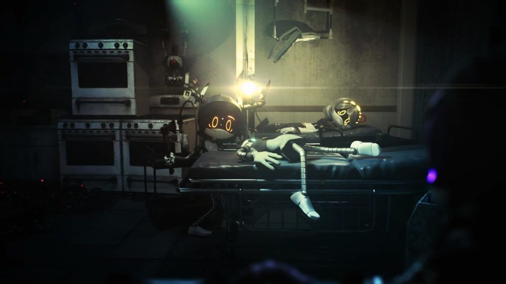 Alice standing beside a motionless drone on a table in a dimly lit industrial kitchen