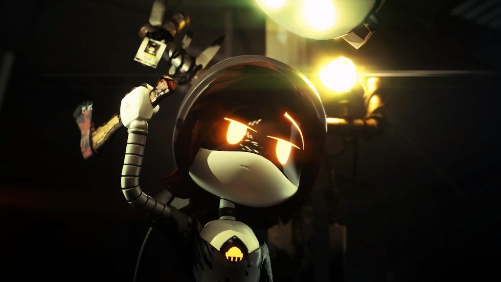 Alice holding a wrench with a determined expression under bright mechanical lights