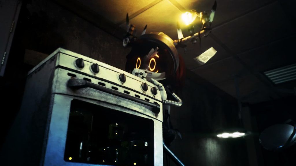 Alice peeking over a stove with curiosity while robotic arms hover above her in a dim room