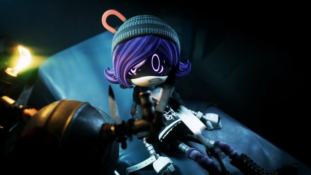 Uzi Doorman glares while held down by mechanical arms in a dark lab in Murder Drones.