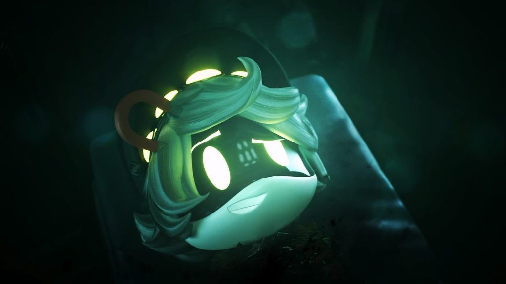 N damaged N’s detached head lies illuminated in the dark lab in Murder Drones.