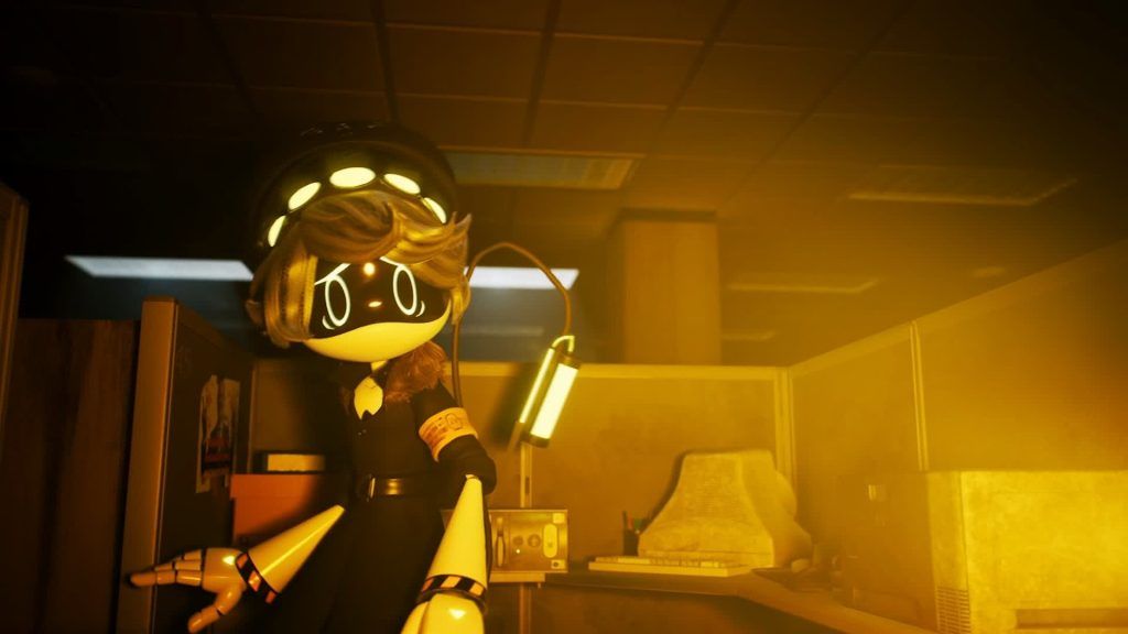 N uneasy in office N looks uneasy under bright office lights surrounded by equipment in Murder Drones.