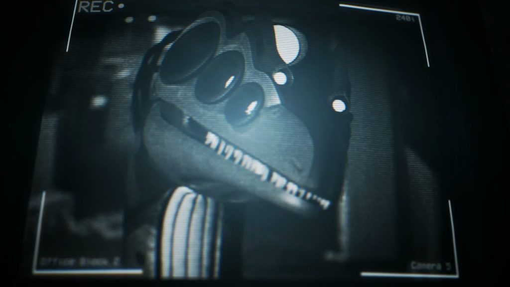 Sentinel on camera A Sentinel appears on a security camera feed with glowing eyes in Murder Drones.