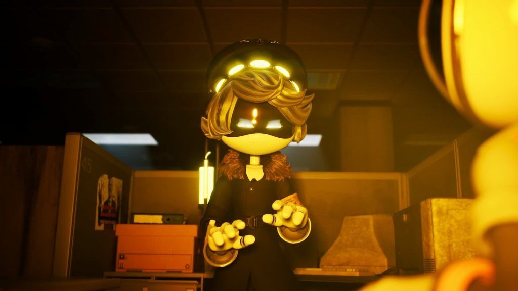 N in office N stands under warm office light talking to another worker drone in Murder Drones.