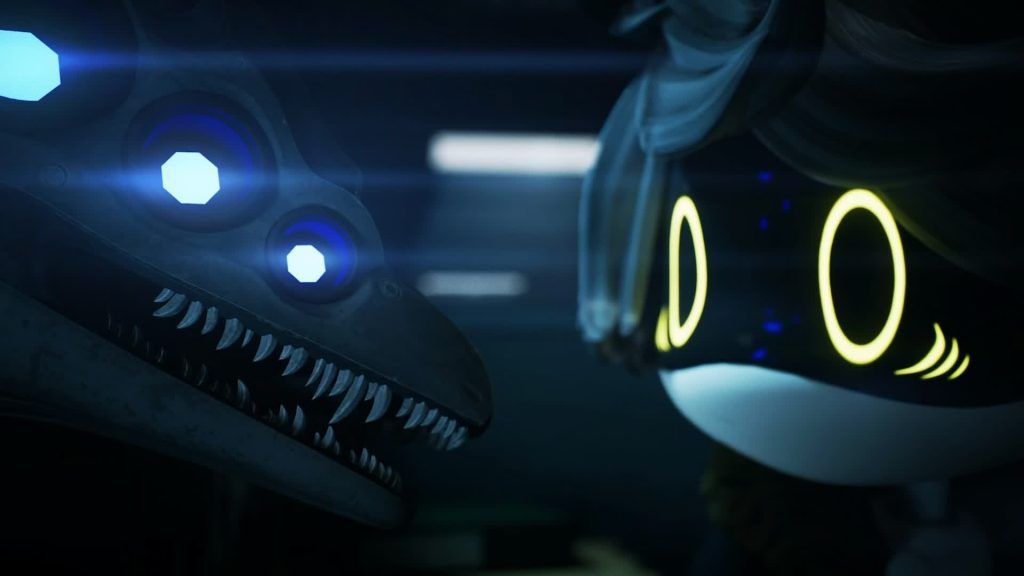 Sentinel facing N A Sentinel faces N with glowing blue eyes in a dim hallway in Murder Drones.