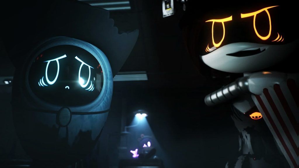 Beau and Alice standing together in a dark control room, illuminated by blue and orange light
