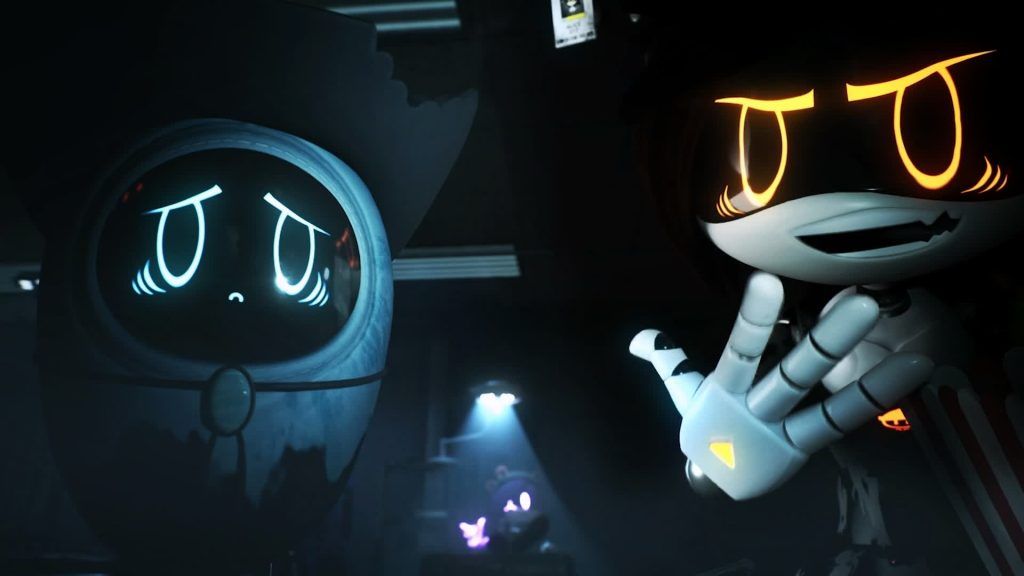 Beau looking uneasy as Alice gestures confidently beside him in a dimly lit room