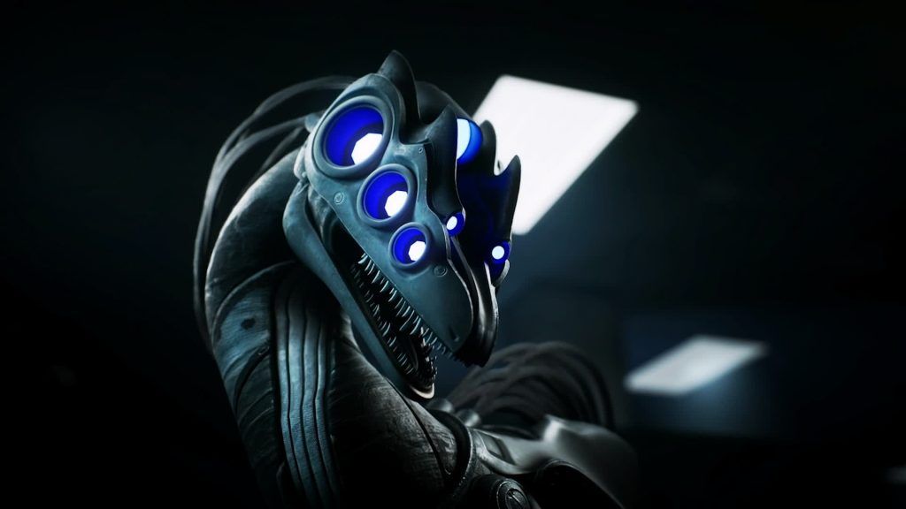 Sentinel looking up A Sentinel looks up with its jaws open and eyes shining blue in Murder Drones.