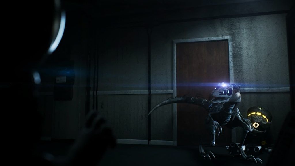 Sentinel attacking A Sentinel attacks a worker drone inside a dark hallway in Murder Drones.