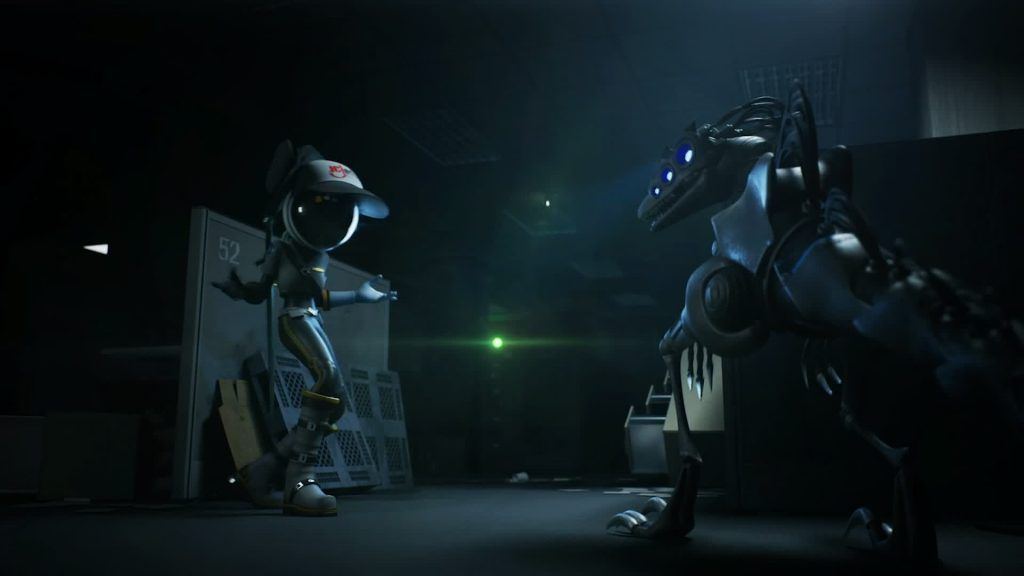 Sentinel versus Tessa A Sentinel stands ready to fight Tessa in a dimly lit office in Murder Drones.