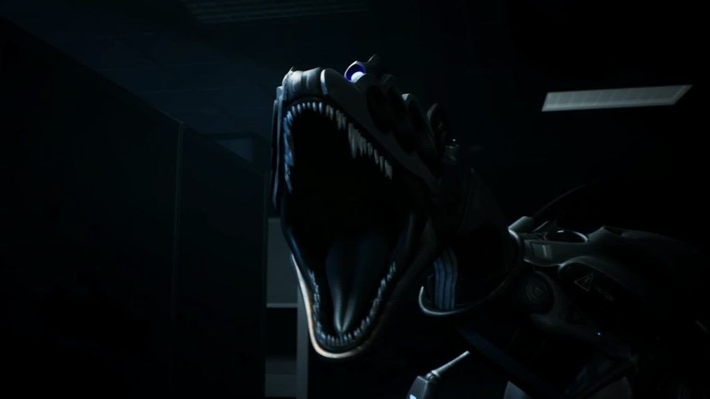 Sentinel roaring A Sentinel roars with its mouth wide open in the shadows in Murder Drones.