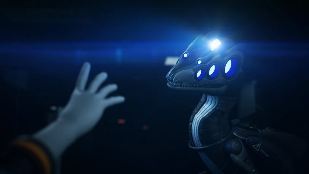 Sentinel turning A Sentinel turns its head toward a reaching hand under blue light in Murder Drones.