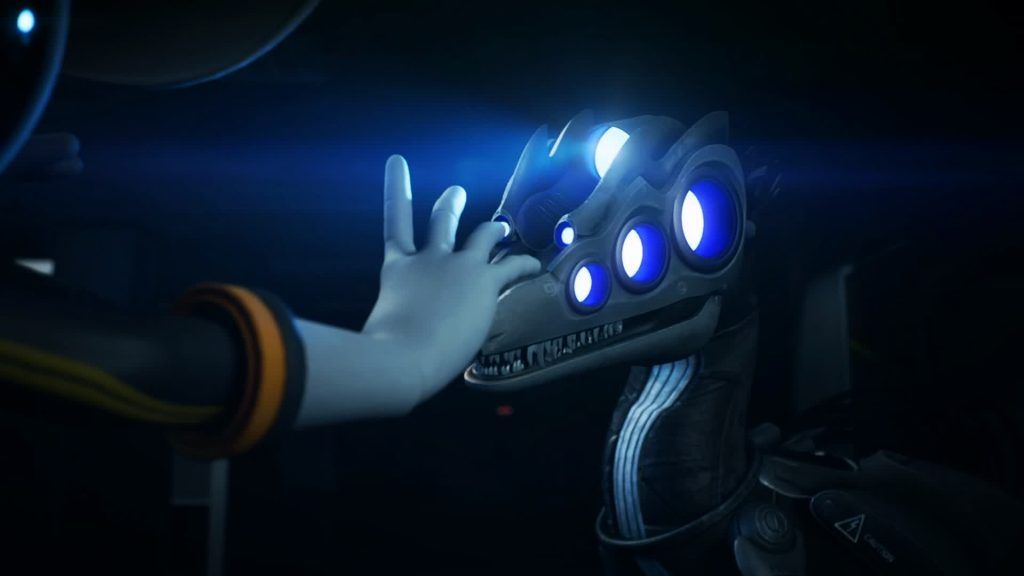 Sentinel close-up A Sentinel faces a reaching drone under blue lens flare light in Murder Drones.