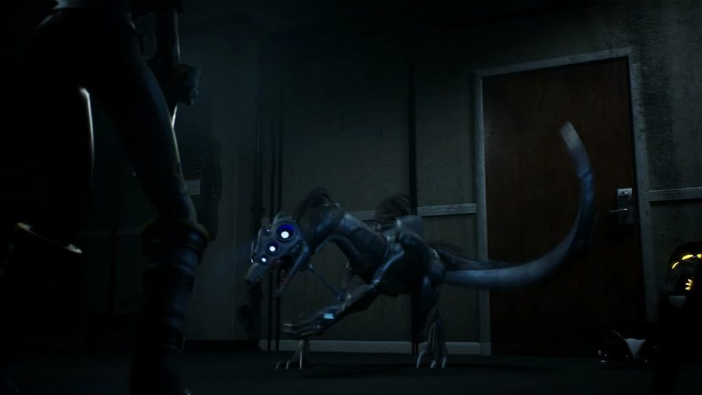 Sentinel in hallway A Sentinel crouches aggressively in a dim hallway facing a worker drone in Murder Drones.