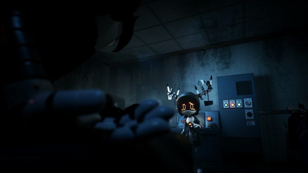 Alice facing another drone near control panels, lit by blue industrial lights in a worn-out room