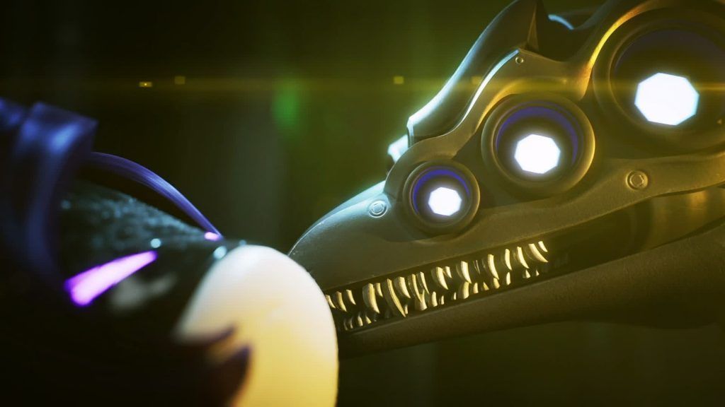 Sentinel confronting Uzi A Sentinel bares its sharp teeth close to Uzi in a dark lab in Murder Drones.