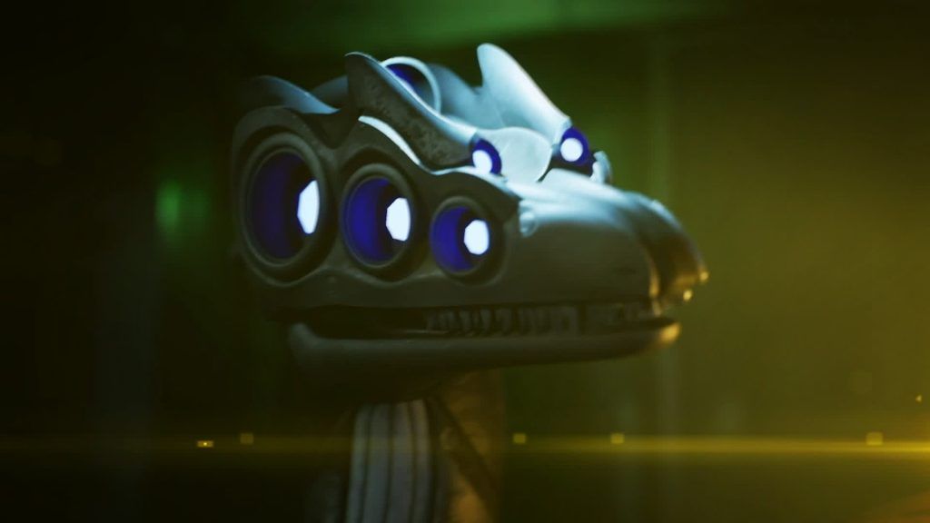 Sentinel glowing eyes A Sentinel stares forward surrounded by eerie yellow light in Murder Drones.