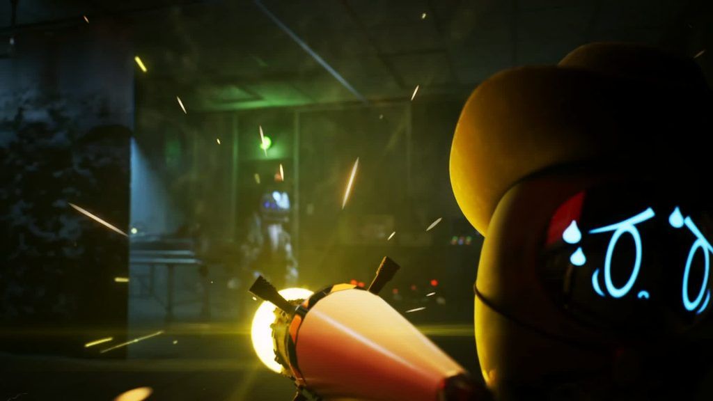 Beau firing a glowing weapon down a corridor while sparks fly in the dark industrial room