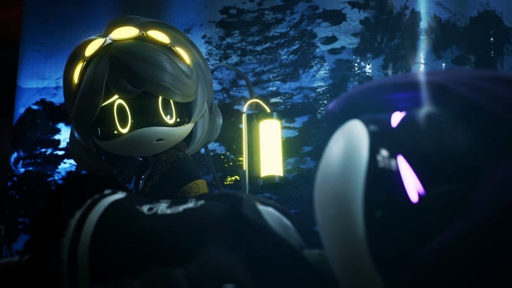 N on ground N lies on the ground as V looks down at him in a tense moment in Murder Drones.