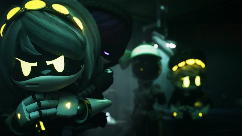 N hugging V N hugs V protectively while others stand behind in Murder Drones.