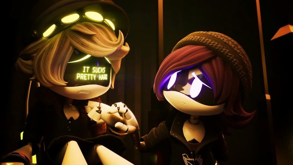 Uzi Doorman holds N's hand as they sit together in a dim room in Murder Drones.