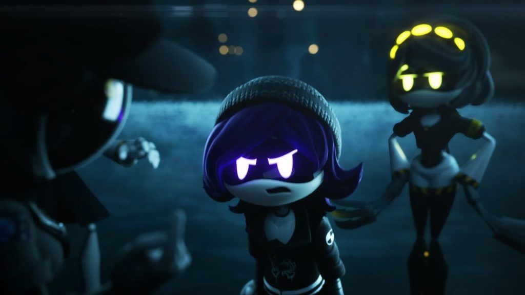 Uzi Doorman stands angrily with glowing purple eyes while confronting others in Murder Drones.