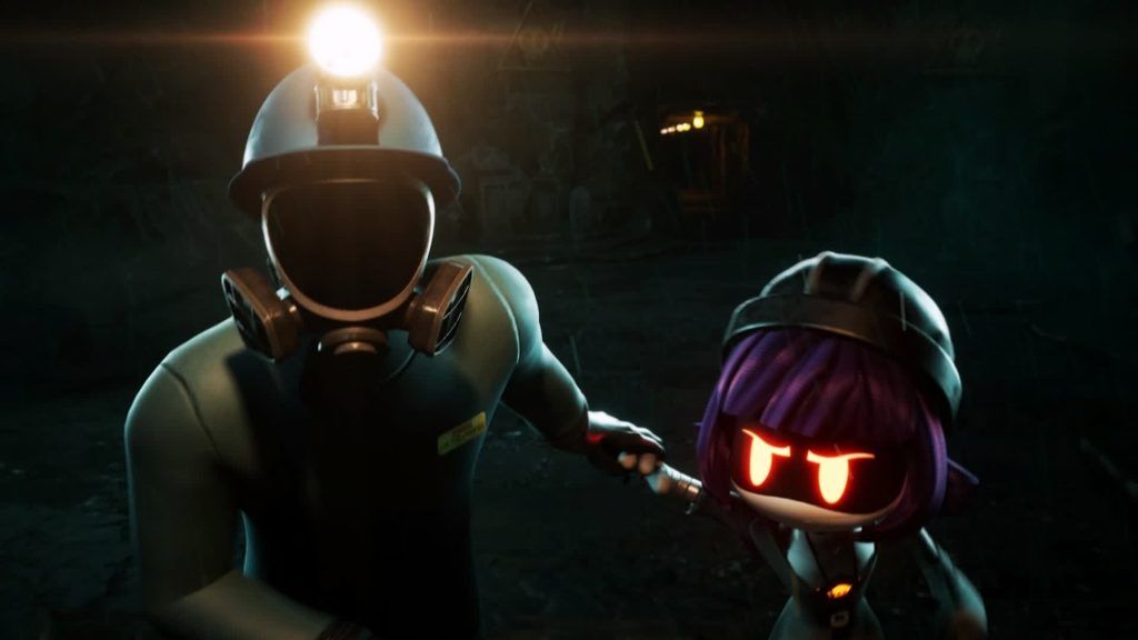 Nori with miner Nori stands beside a worker drone wearing a miner helmet in the dark in Murder Drones.