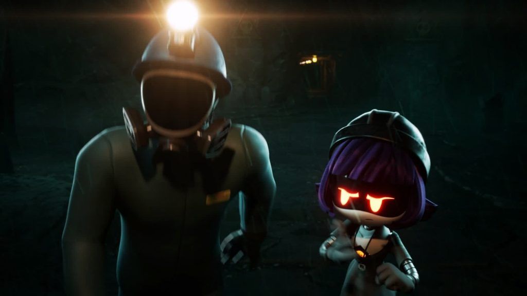 Nori in mine Nori and a miner drone look into the distance underground in Murder Drones.