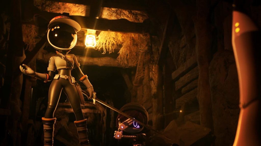 Tessa stands confidently in a dimly lit mine holding a sword in Murder Drones.