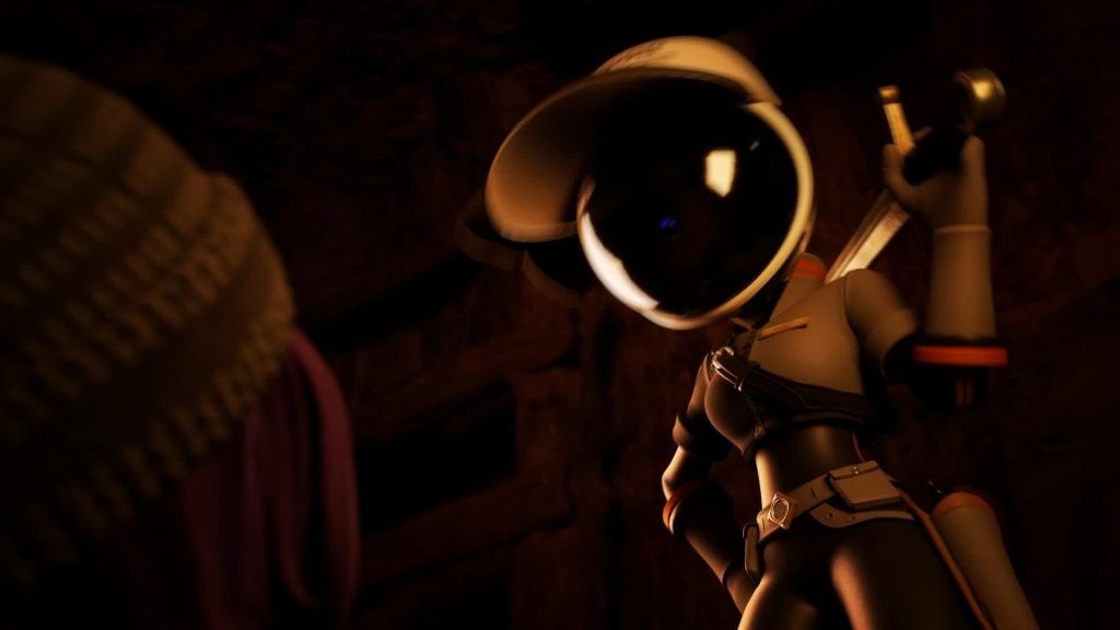 Tessa looks down holding her sword with a commanding pose in Murder Drones.