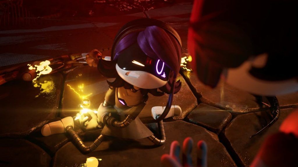 Nori injured Nori sits injured on the ground as Uzi reaches toward her in Murder Drones.