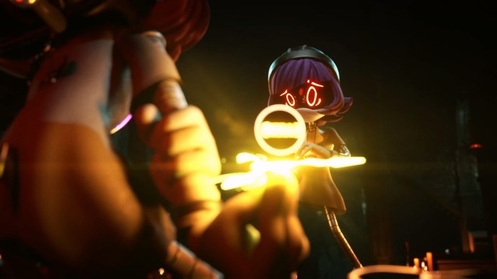 Nori aiming weapon Nori points a glowing energy weapon toward another drone in Murder Drones.