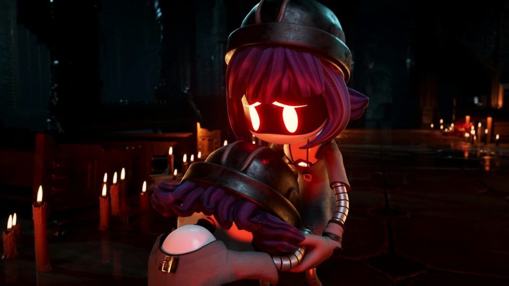 Nori comforting Nori holds another drone tenderly surrounded by candles in Murder Drones.