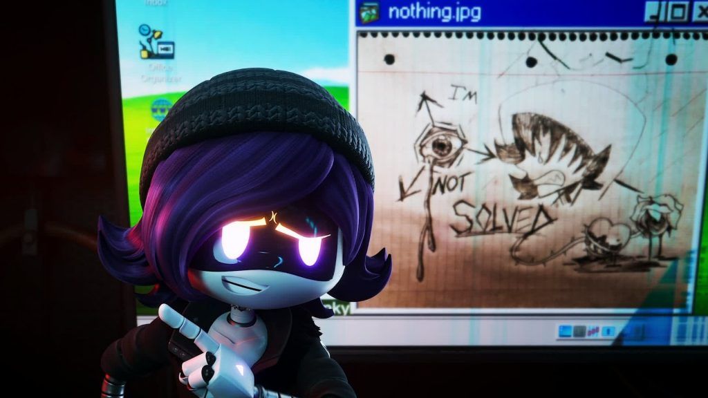 Uzi Doorman pointing at screen in Murder Drones Uzi Doorman points angrily at a computer screen showing a strange drawing labeled I'm Not Solved in Murder Drones.