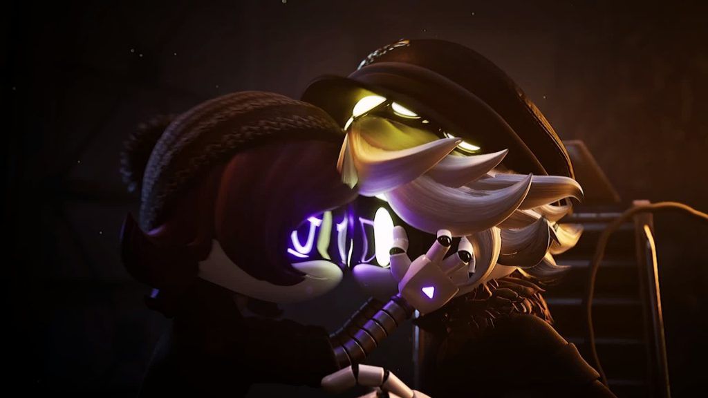 Uzi Doorman and N moment in Murder Drones Uzi Doorman and N share a close emotional moment in a dark industrial room in Murder Drones.