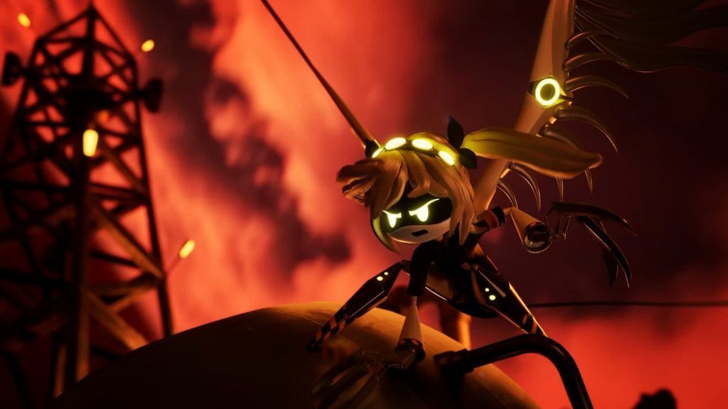 J unfolds her mechanical wings while crouching on a burning tank in Murder Drones.