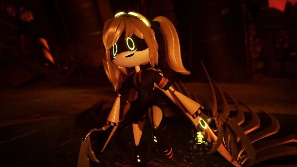 J stands ready with her claws extended in the glowing red industrial area in Murder Drones.