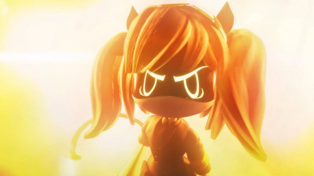 J glares intensely through bright light with determination in Murder Drones.