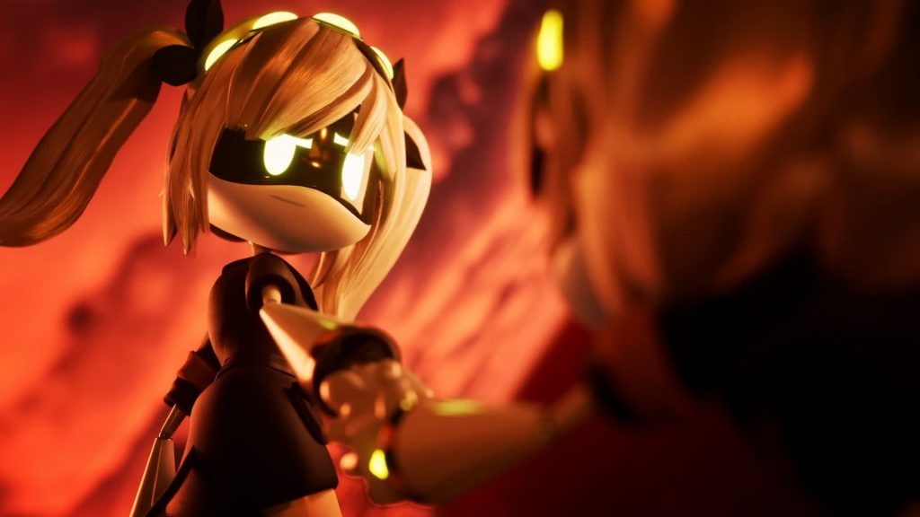J reaches out her hand under a fiery sky in Murder Drones.