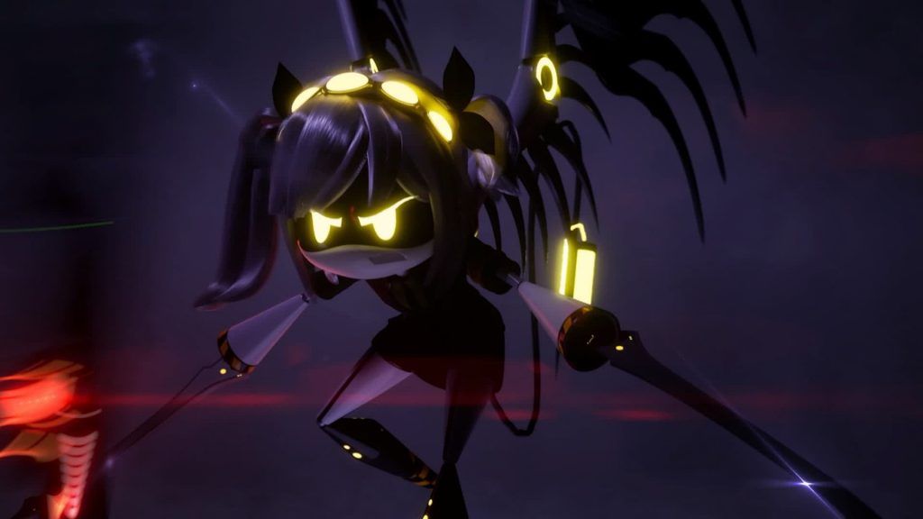 J lunges forward with glowing wings and sharp blades in Murder Drones.