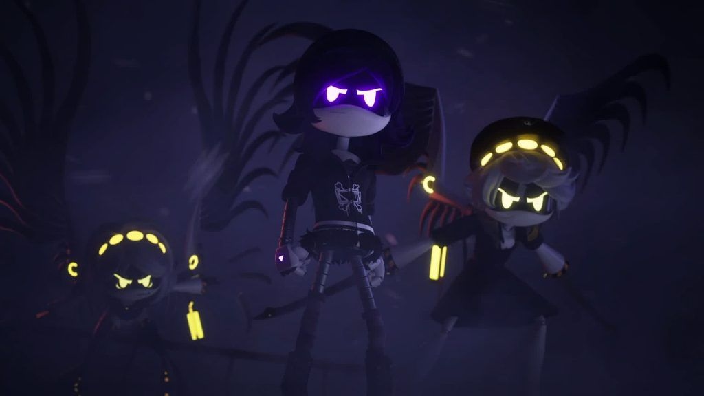 Uzi Doorman with N and V in Murder Drones Uzi Doorman stands confidently with wings spread beside N and V in a stormy scene in Murder Drones.