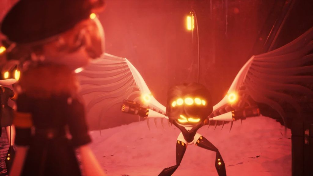 A glowing robot with large mechanical wings confronts another robot in a red-lit environment
