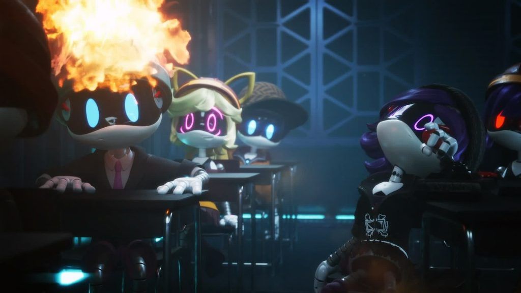 Several student drones sitting in a classroom, one with its head on fire