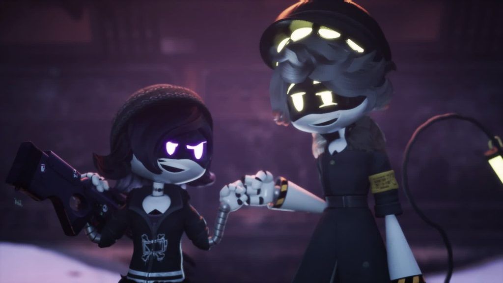 Two robot characters smiling and holding hands, one holding a weapon in a dim environment